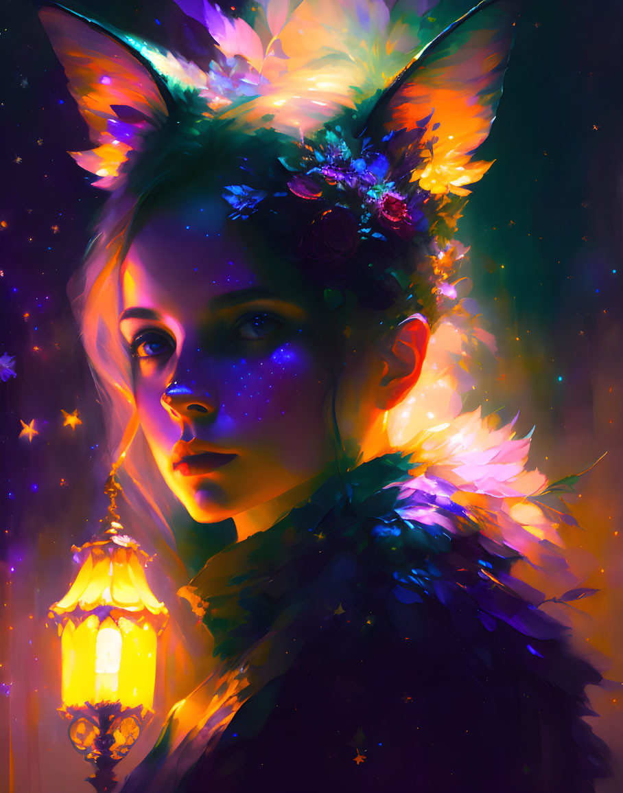 Portrait of woman with fox ears, star freckles, lantern, cosmic background