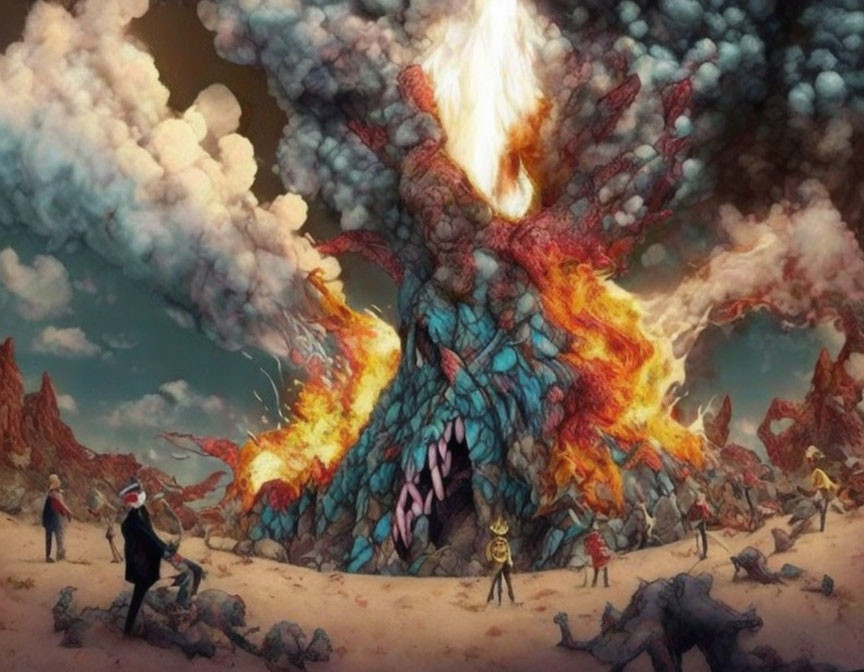 Fantasy illustration of giant flaming creature in desolate landscape