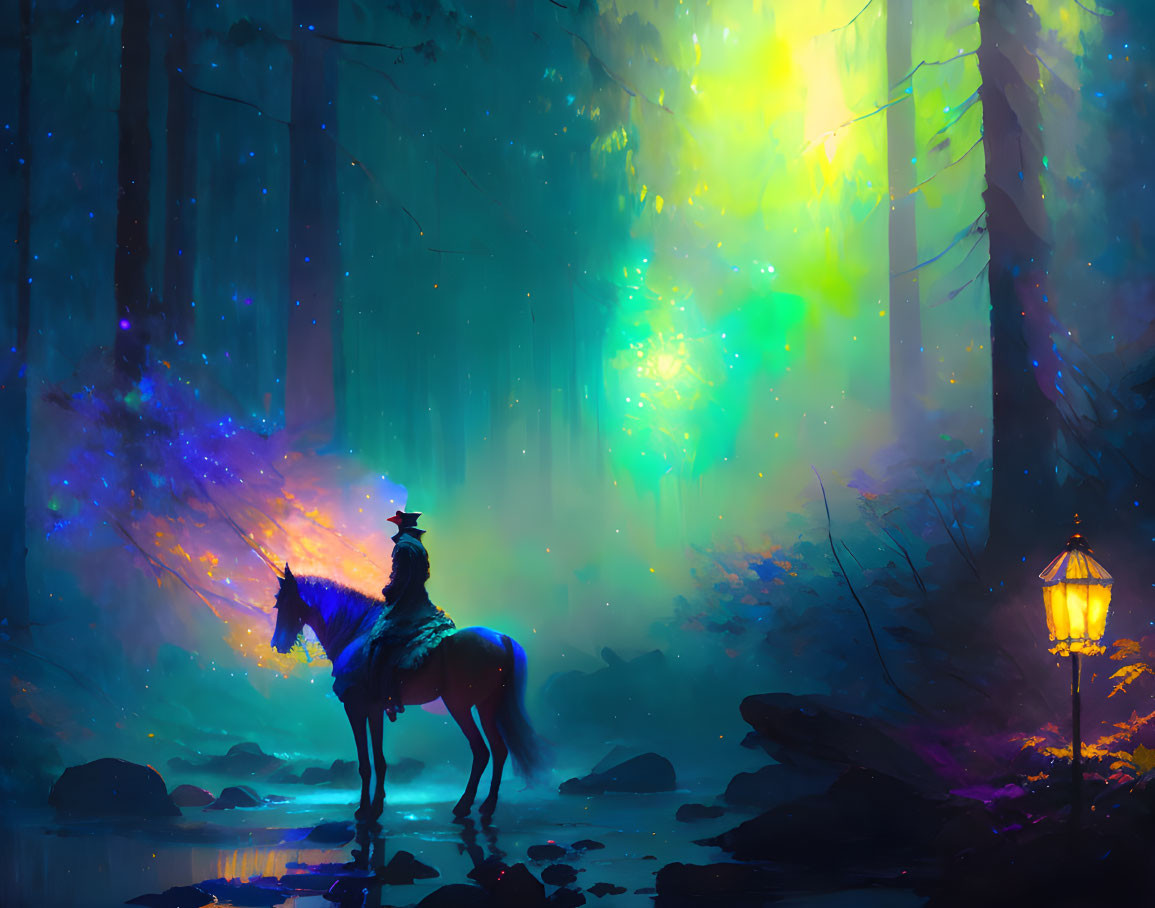 Person on horseback in glowing enchanted forest with lantern and ethereal lights.