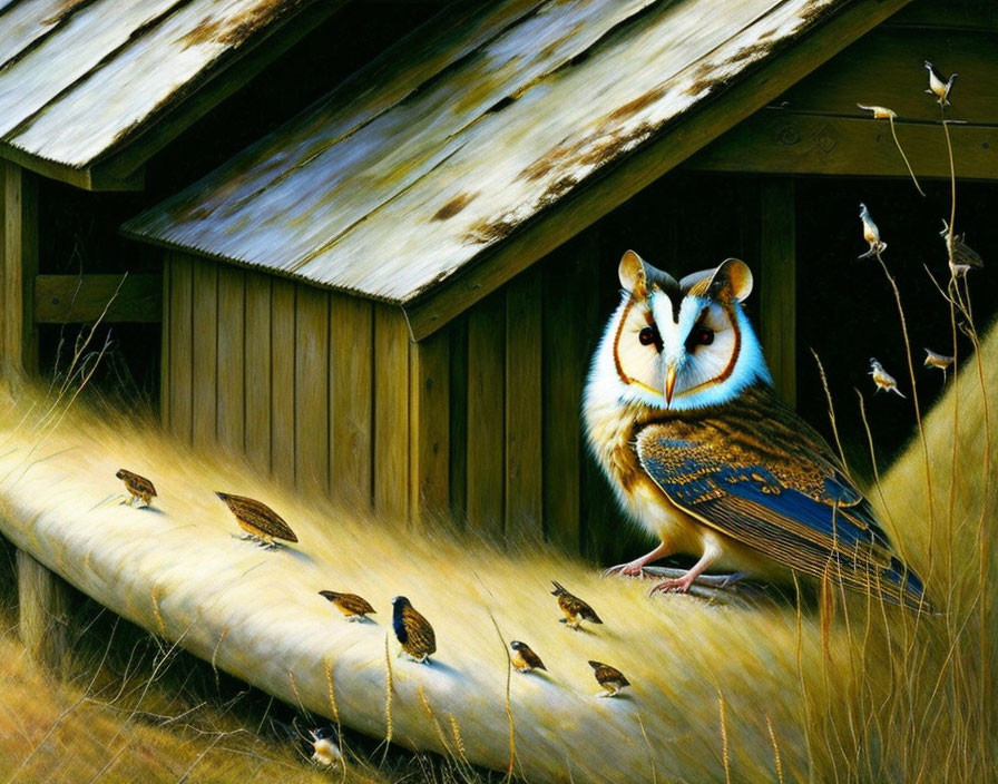 Patterned Owl Perched Near Wooden Shack with Sparrows on Golden Field