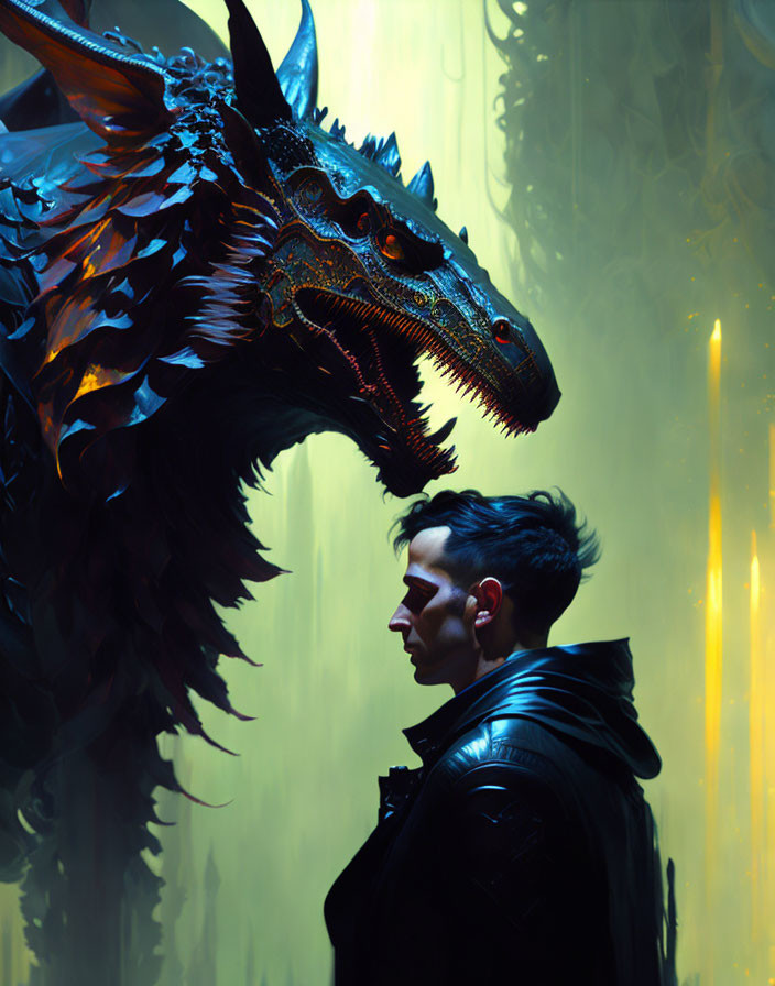 Man in high-collared jacket beside glowing-eyed dragon in mystical forest