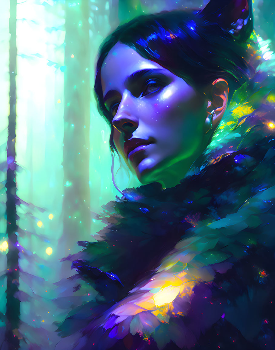 Contemplative woman in vibrant lights and feathered garment