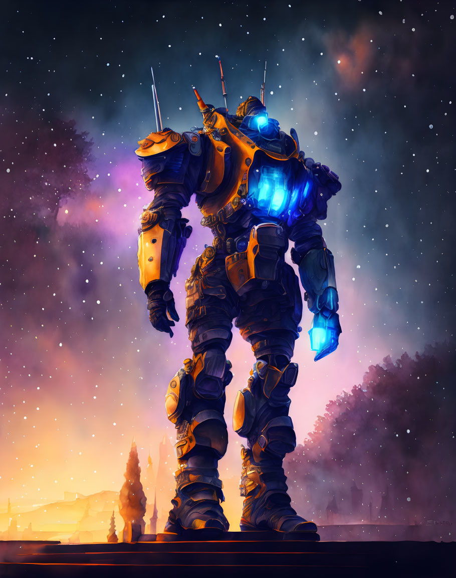 Giant robot with glowing blue lights under starry sky in sci-fi scene