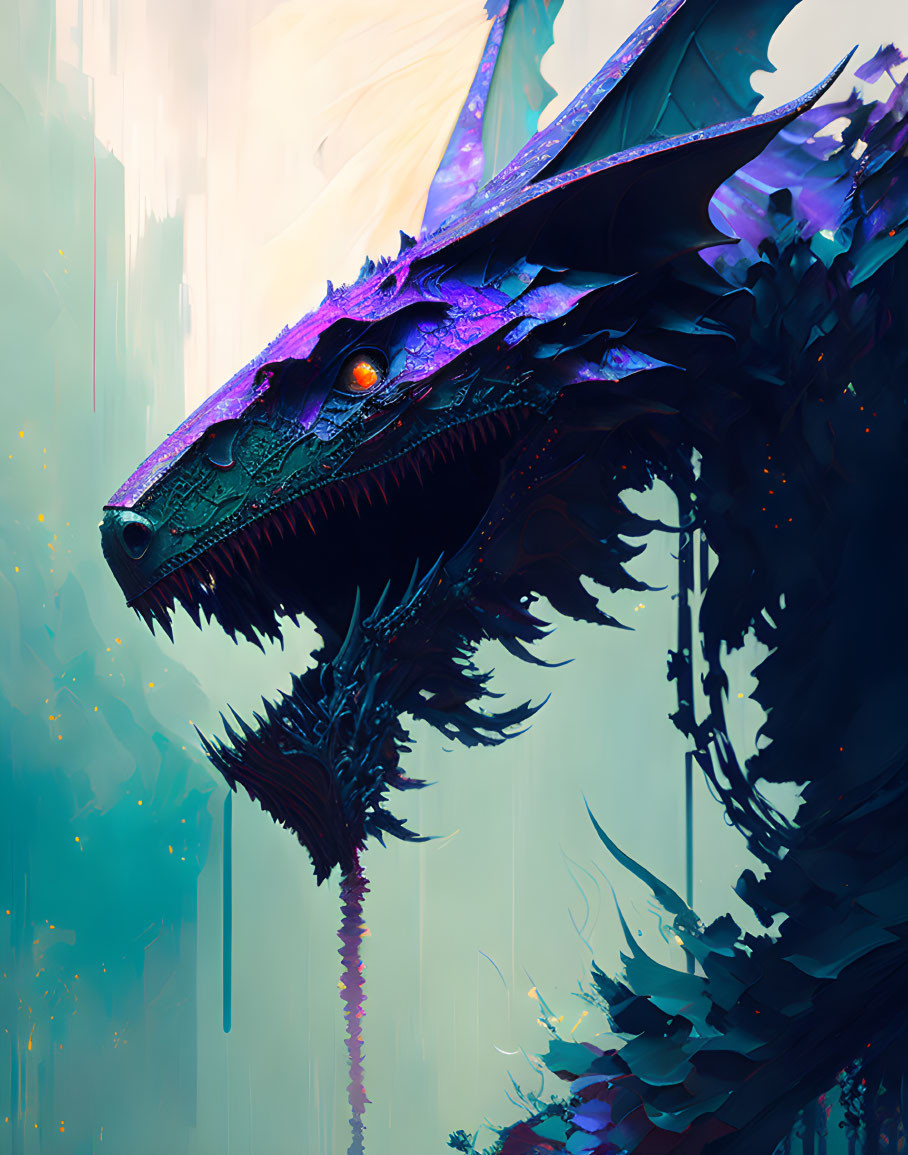 Majestic dragon with purple scales and orange eyes on ethereal background