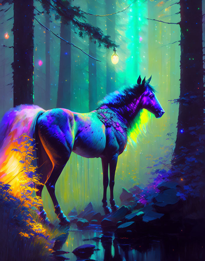 Mystical horse with glowing mane in enchanted forest with orbs and lights