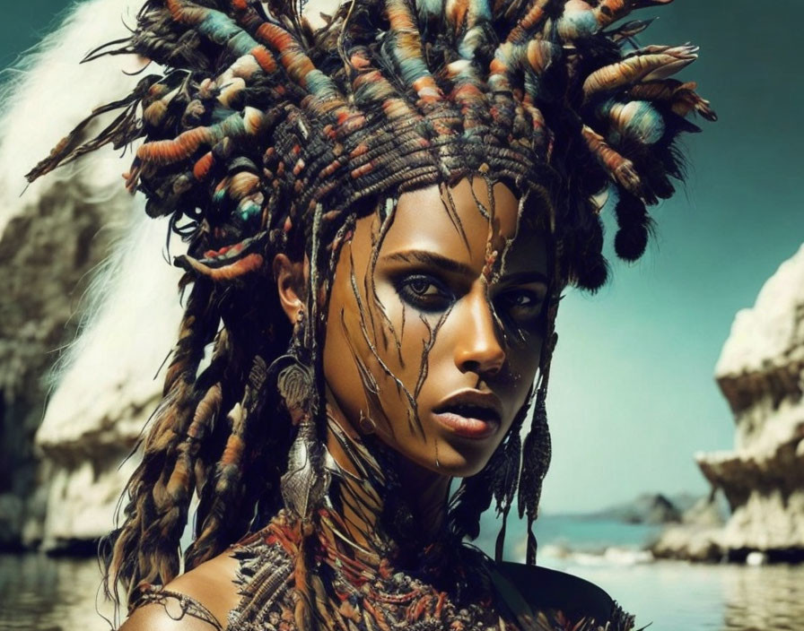 Woman with Tribal-Inspired Makeup and Elaborate Headdress in Mystical Setting