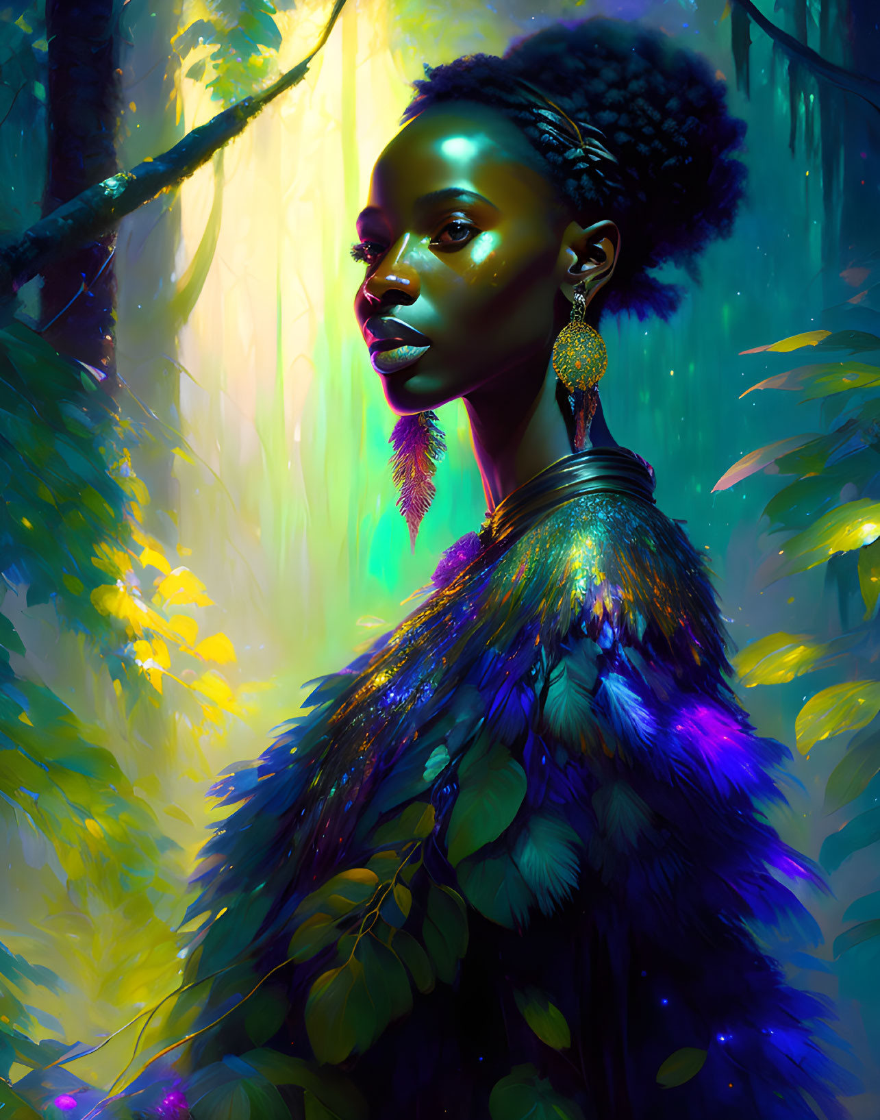 Colorful digital portrait of a woman in peacock feather attire in a vibrant forest