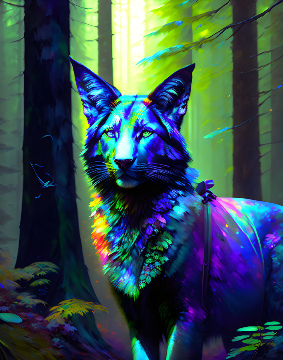 Vibrant digital artwork: Wolf in neon forest