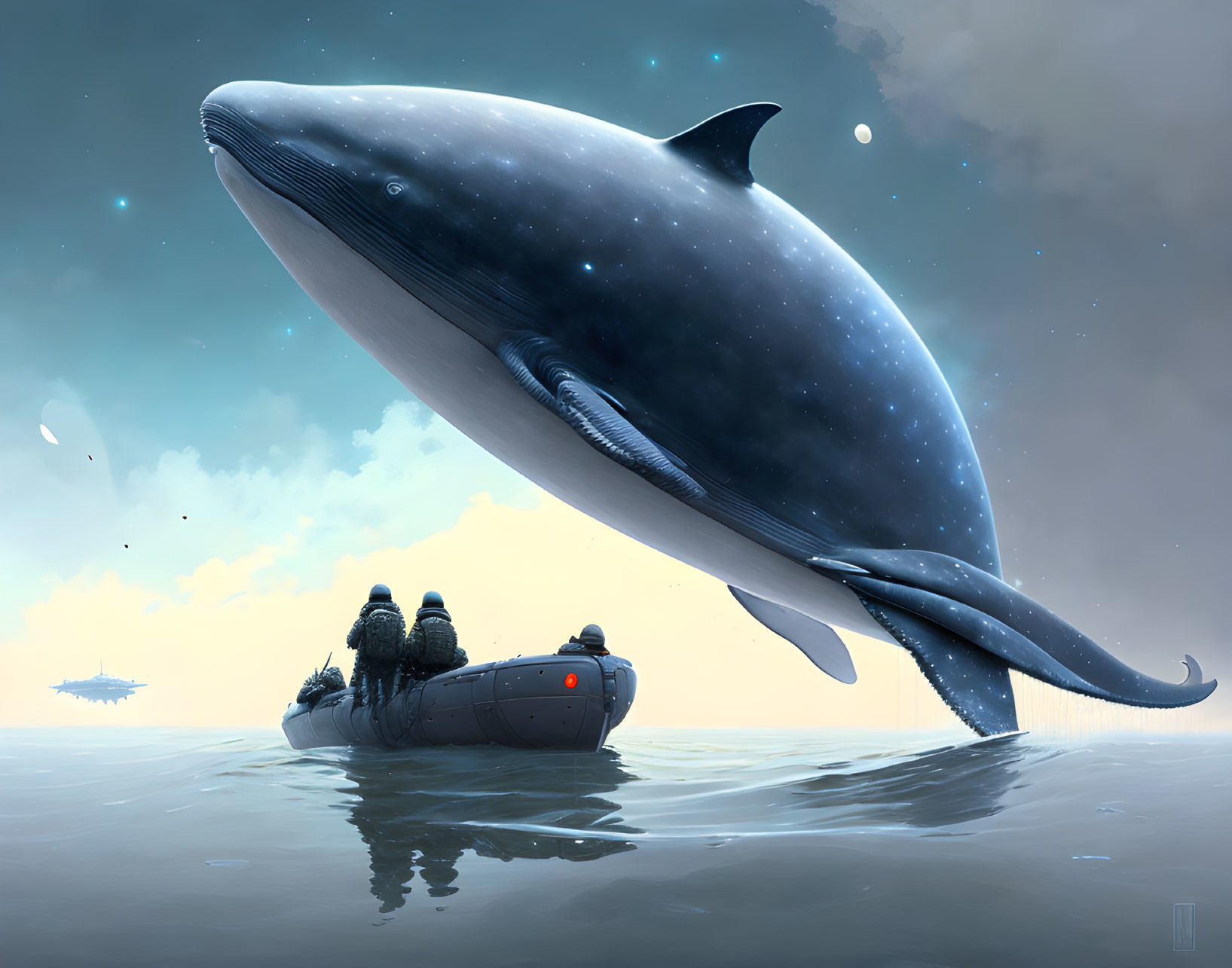 Enormous whale above small boat in serene ocean