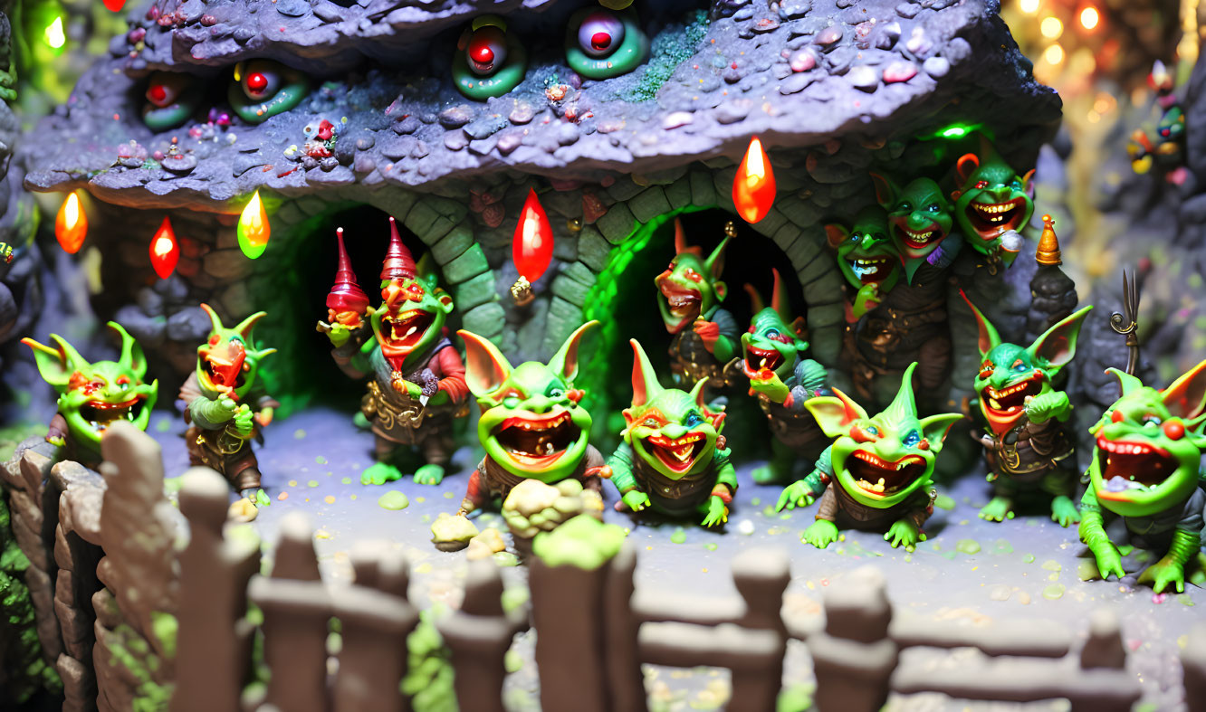 Fantasy-themed miniature goblin figures around glowing house