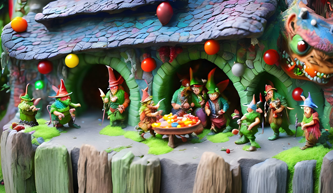 Colorful Gnome-Like Figures in Festive Gathering Diorama