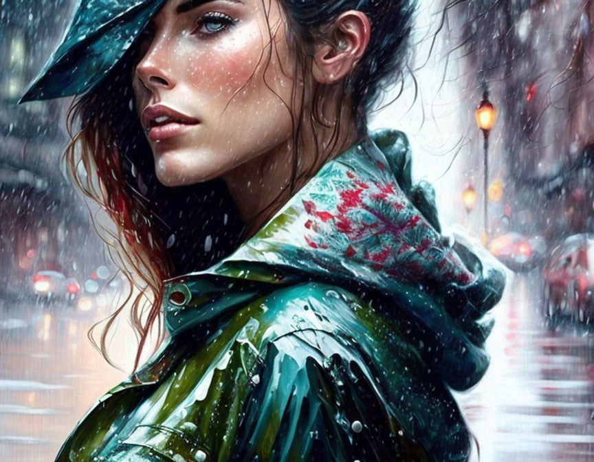 Woman in Green Raincoat with Wet Hair Glancing Back on Rainy Street