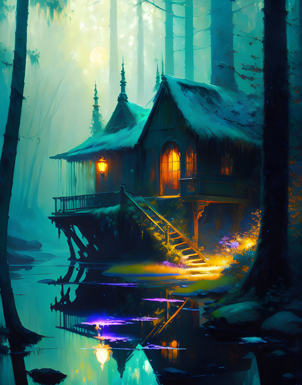 Enchanted forest cabin with glowing lights and reflective water