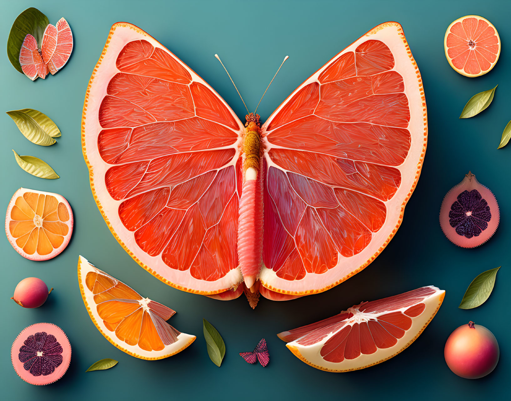 Colorful Butterfly with Citrus Slice Wings on Teal Background