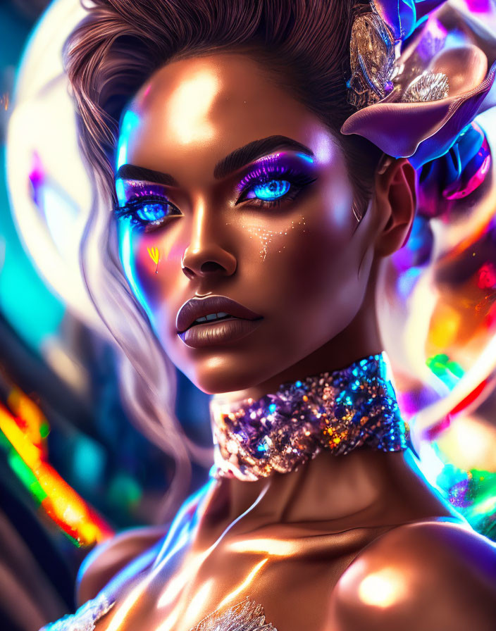 Colorful digital portrait of woman with striking blue makeup and sparkling accessories