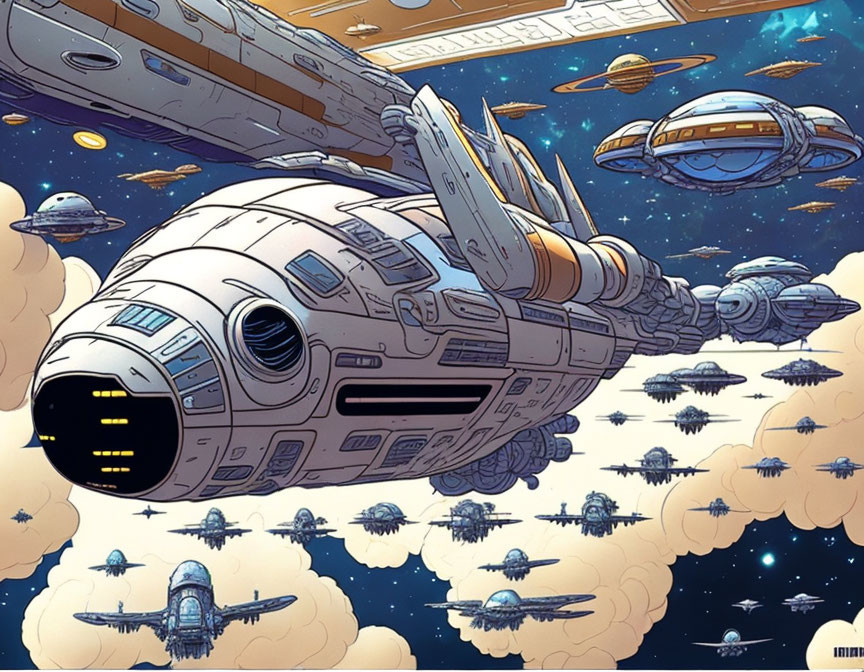 Detailed Cartoon-Style Spaceships Ascending into Starry Sky