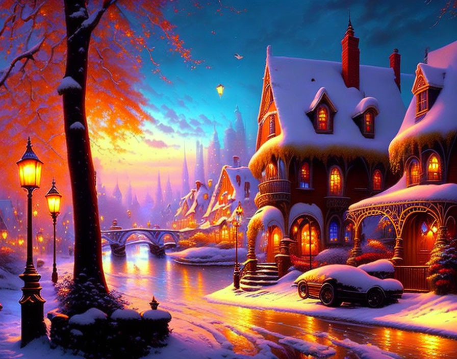 Snow-covered cottages, bridge, street lamps in warm winter sunset.