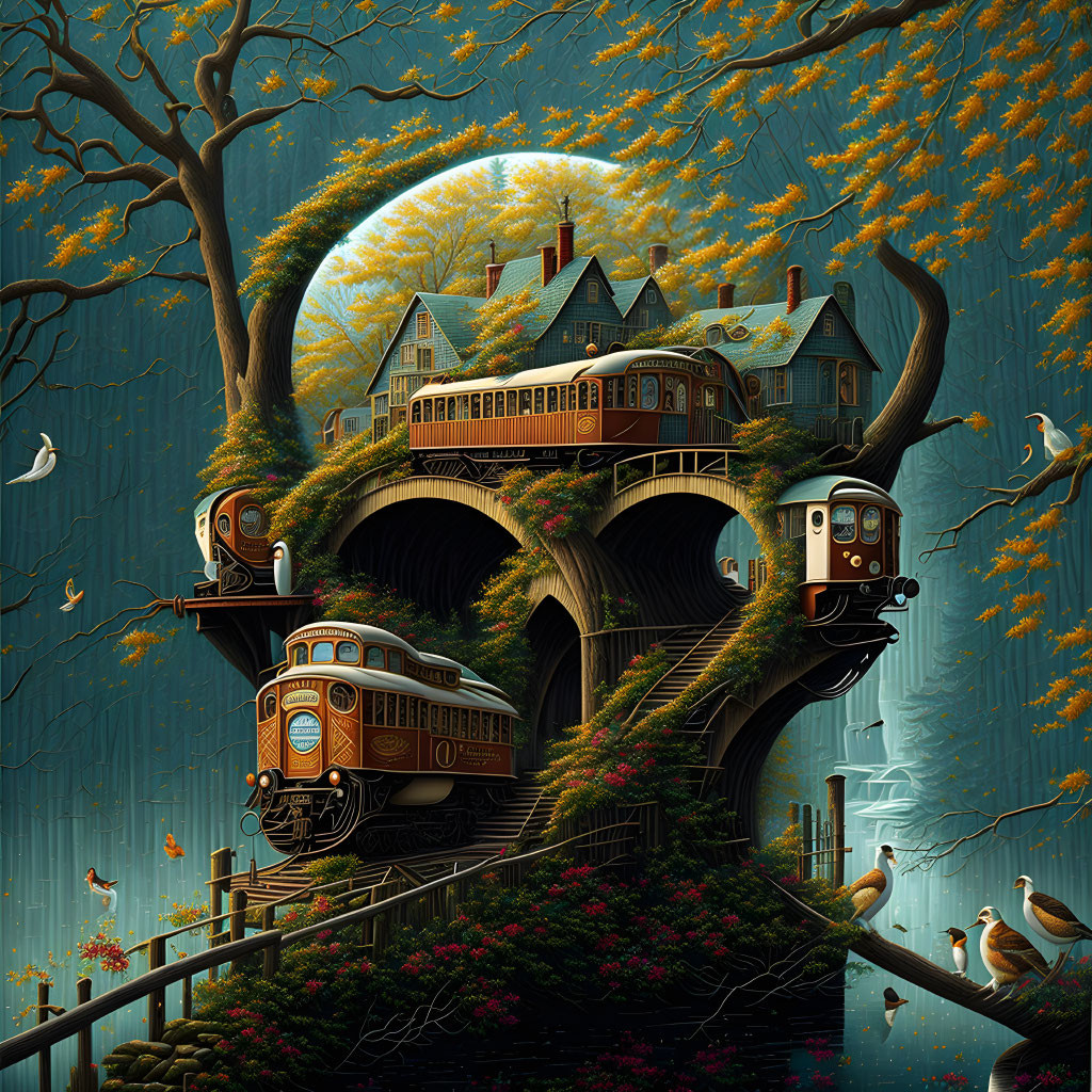 Victorian house on tree structure with vintage trams, birds, and falling leaves.