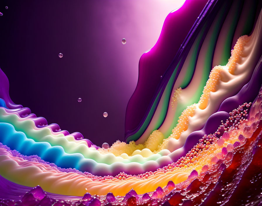 Colorful Abstract Art: Wavy Patterns and Bubbles on Dark Background