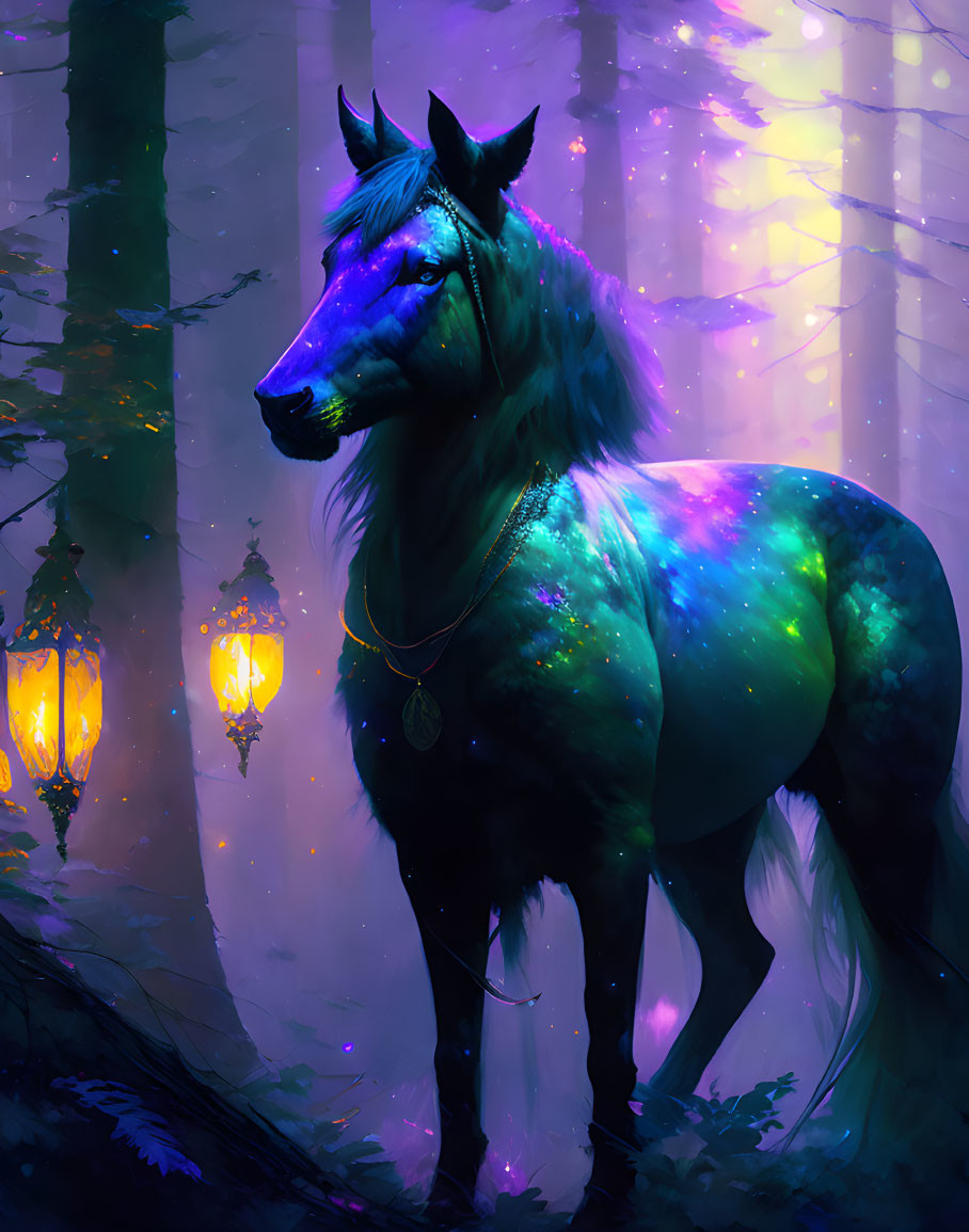 Iridescent horse in enchanted forest with vintage lanterns