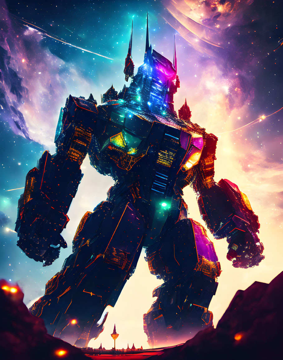 Giant robot illuminated by neon glow under starry sky