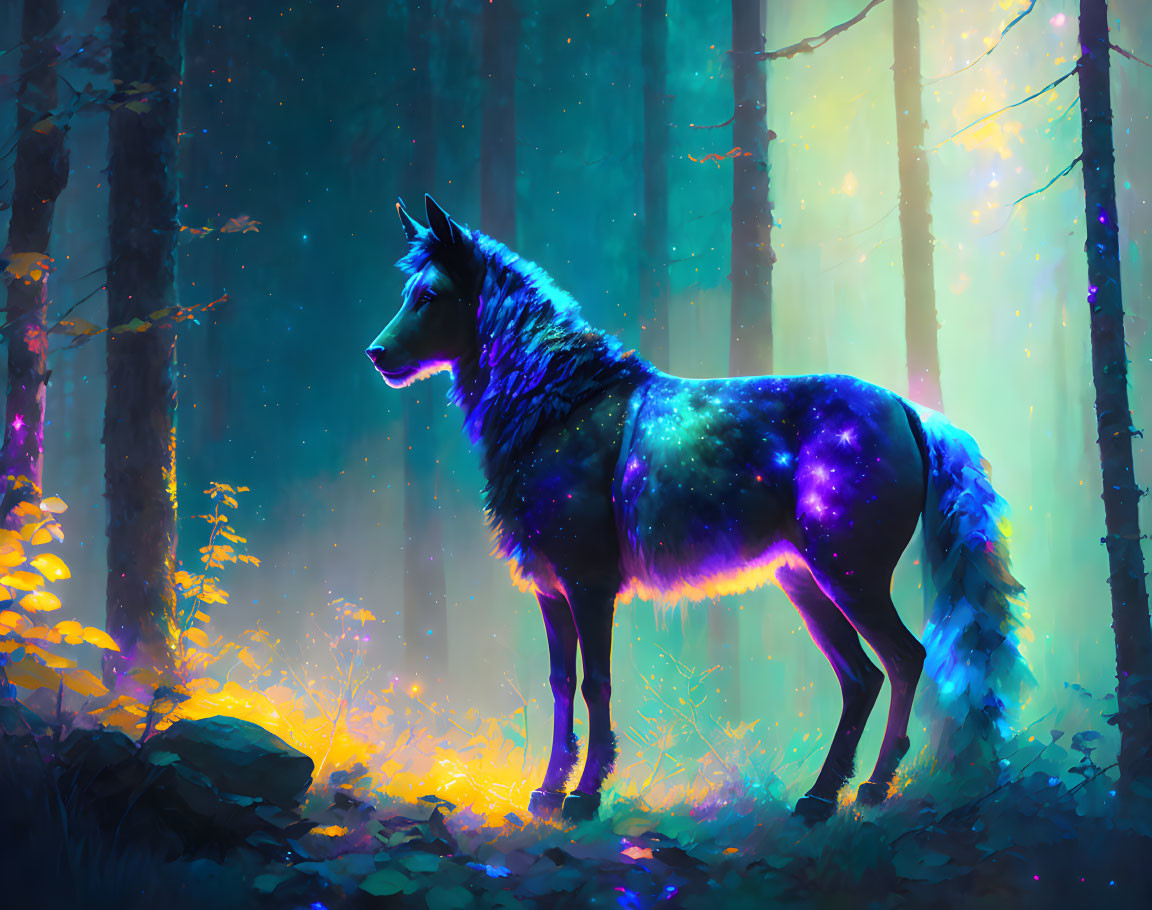 Starry cosmos wolf in mystical forest with glowing flora