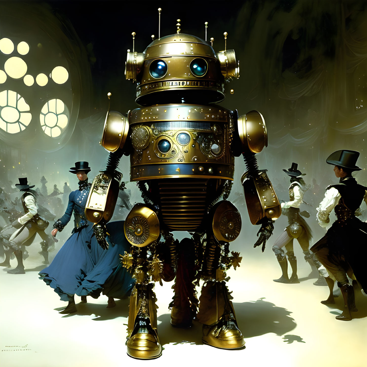 Steampunk-themed ballroom with ornate robot and Victorian dancers