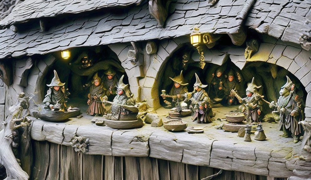 Fantasy Treehouse Figurine Display with Wizards and Creatures