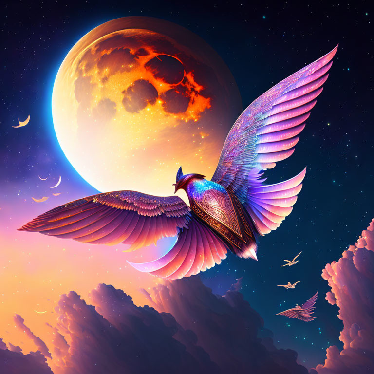 Majestic winged creature in vibrant twilight sky