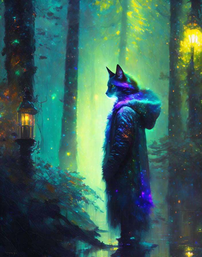 Luminescent cat in enchanted forest with hanging lantern