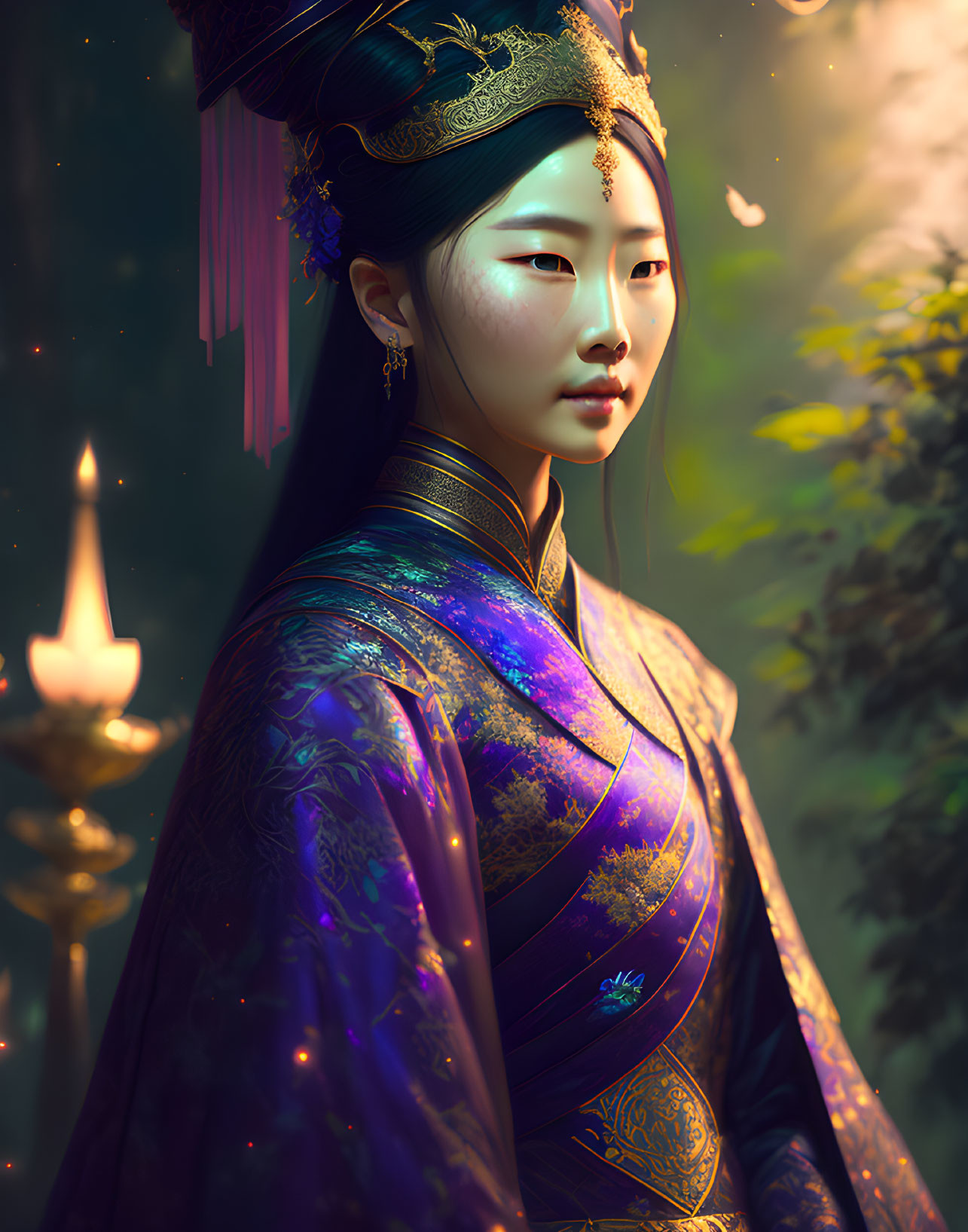 Digital portrait: Elegant woman in traditional Asian royal attire with intricate designs, set in soft light and nature