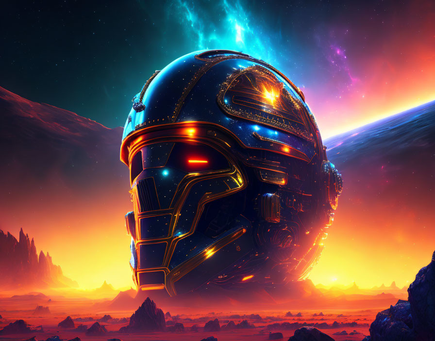 Futuristic helmet with neon lines on cosmic backdrop and alien terrain