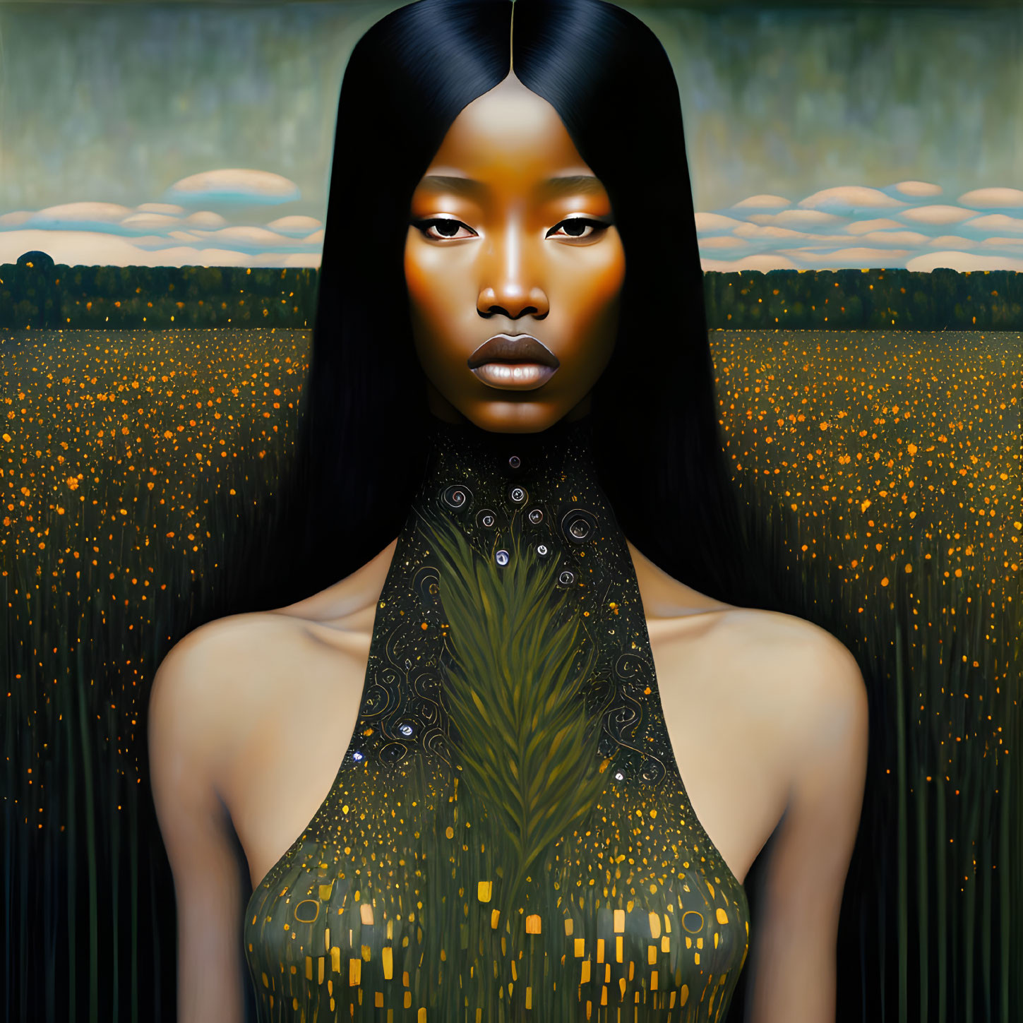 Woman with Black Hair in Yellow Flower Field and Peacock Feather Pattern against Cloudy Sky