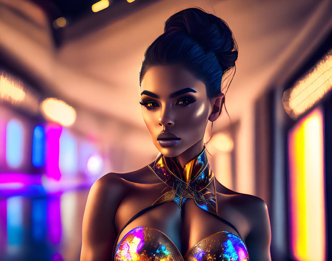 Digital artwork: Woman in high bun & shimmering dress against neon-lit backdrop