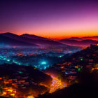 Colorful Twilight Sky Over Illuminated Hilly Region