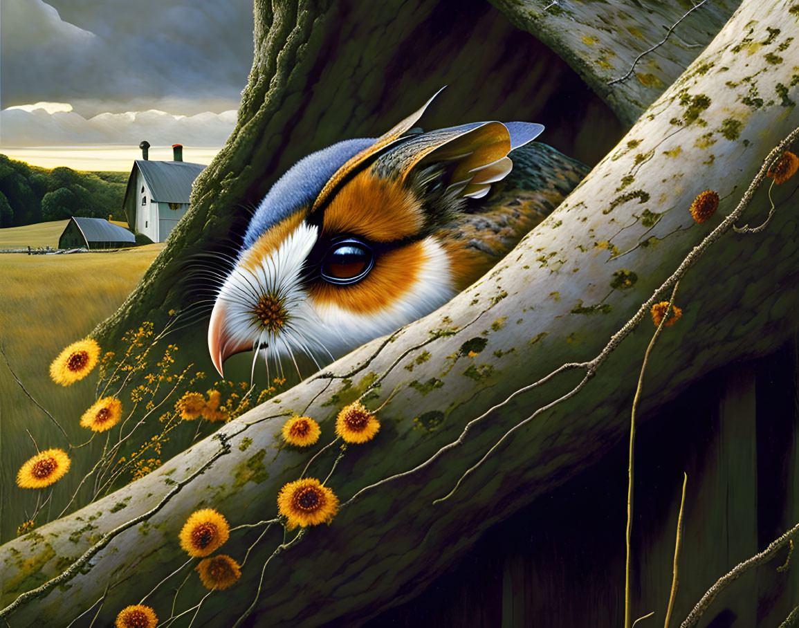 Whimsical painting of barn scene with rabbit face in tree, sunflowers, and cloudy sky