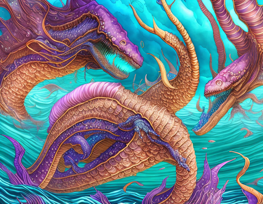 Colorful Digital Artwork: Purple and Orange Sea Serpents in Turquoise Waters