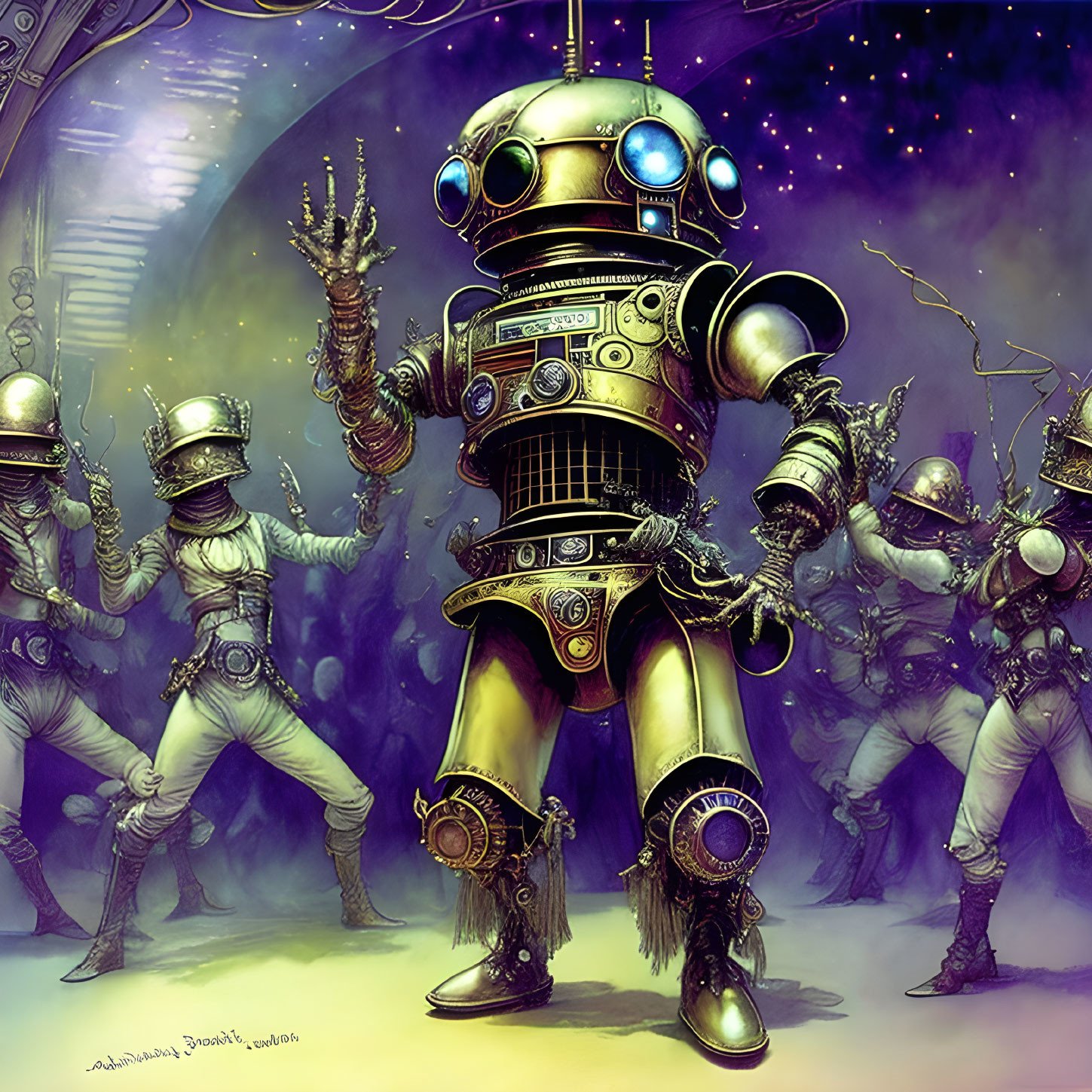 Vintage-style illustration of central robot with smaller human-sized robots in purple, starry setting