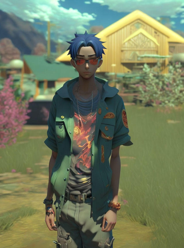 Stylized animated character with blue hair, glasses, and patch-adorned jacket in front of