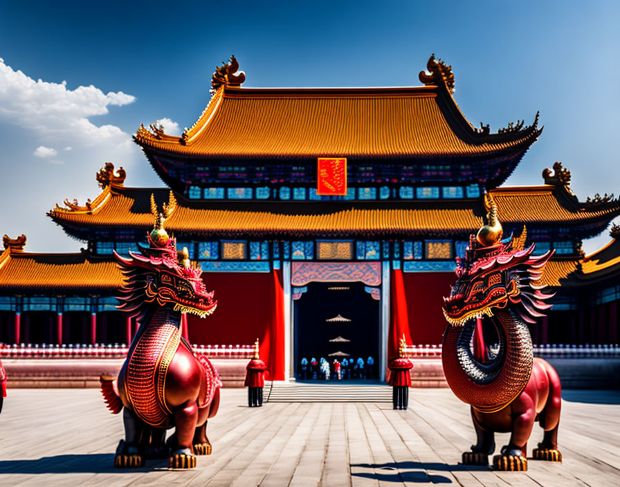 Traditional Chinese Architectural Complex with Dragon Statues Against Blue Sky