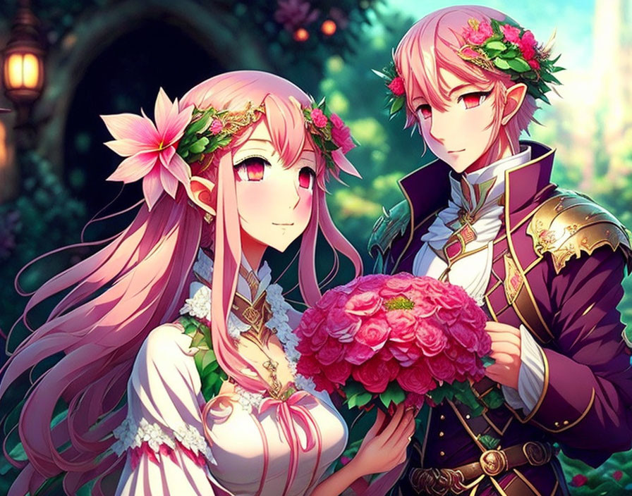 Anime-style illustration of man in royal attire presenting bouquet to blushing woman with pink hair, both adorned