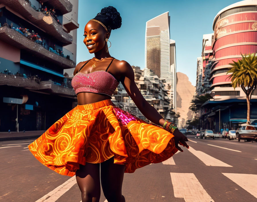 Woman in vibrant skirt and sparkly top poses on urban street with modern buildings.
