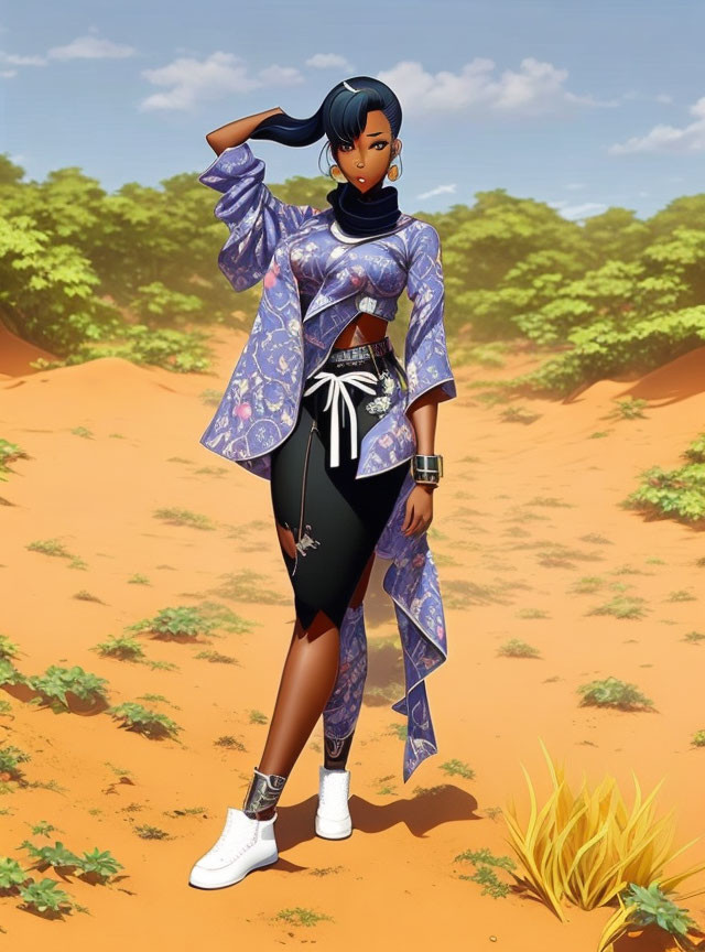 Confident female animated character in stylish blue and black outfit in desert