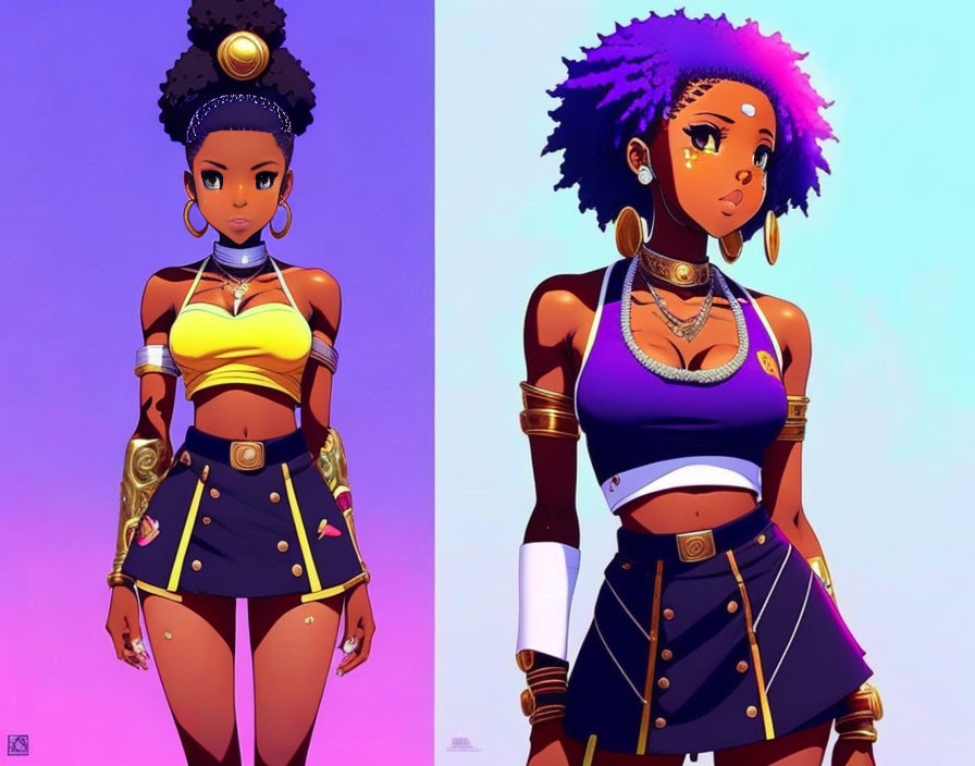 Stylized illustrations of dark-skinned female character in modern outfits with gold accents on purple backgrounds
