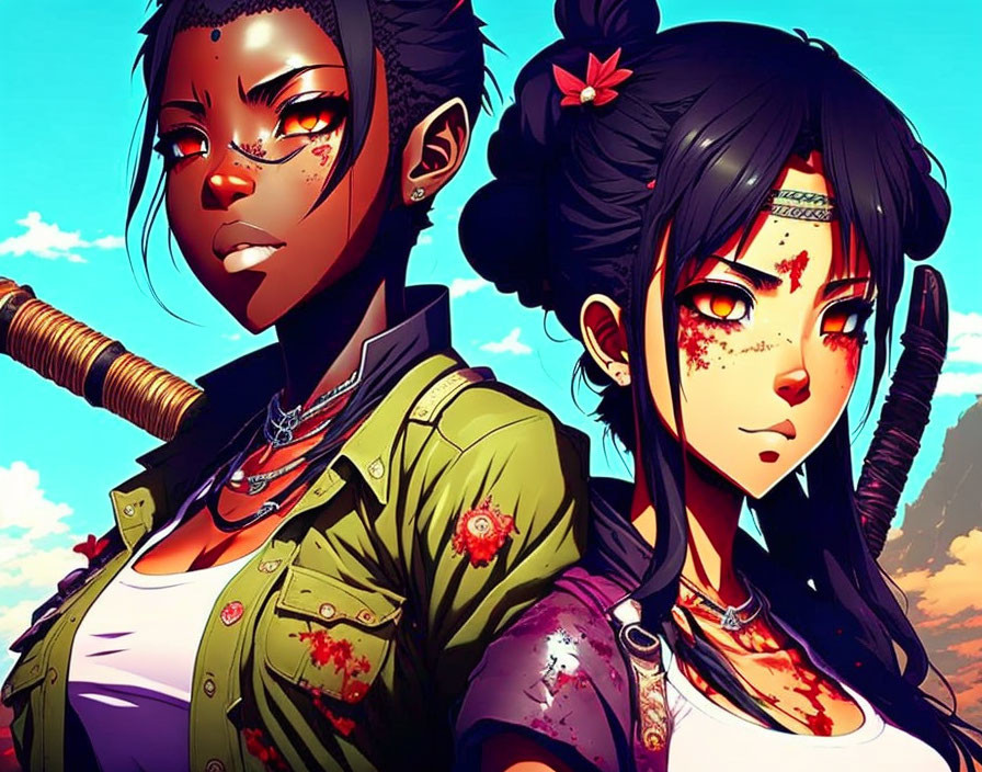 Two determined animated female characters in edgy attire, splattered with blood against a vivid blue sky