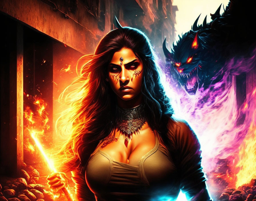 Mystical woman confronts shadowy beast amid fiery backdrop