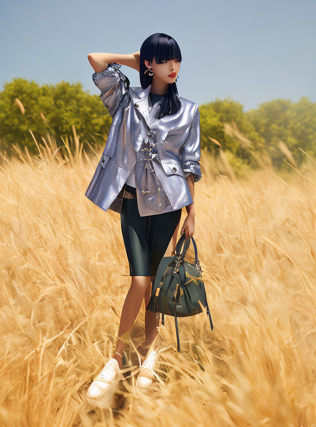 Fashionable woman in silver jacket and black skirt posing in wheat field