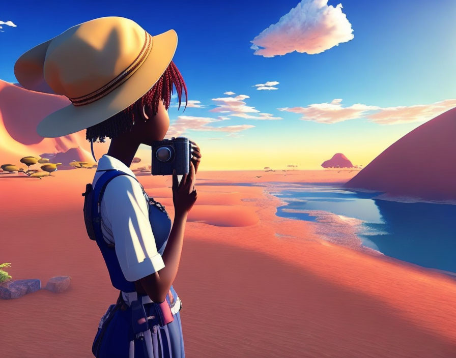 Character in Sunhat Photographs Surreal Pink Beach at Sunset