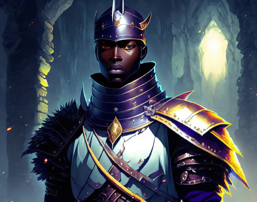 Dark-Skinned Knight in Blue and Gold Armor in Cave Setting
