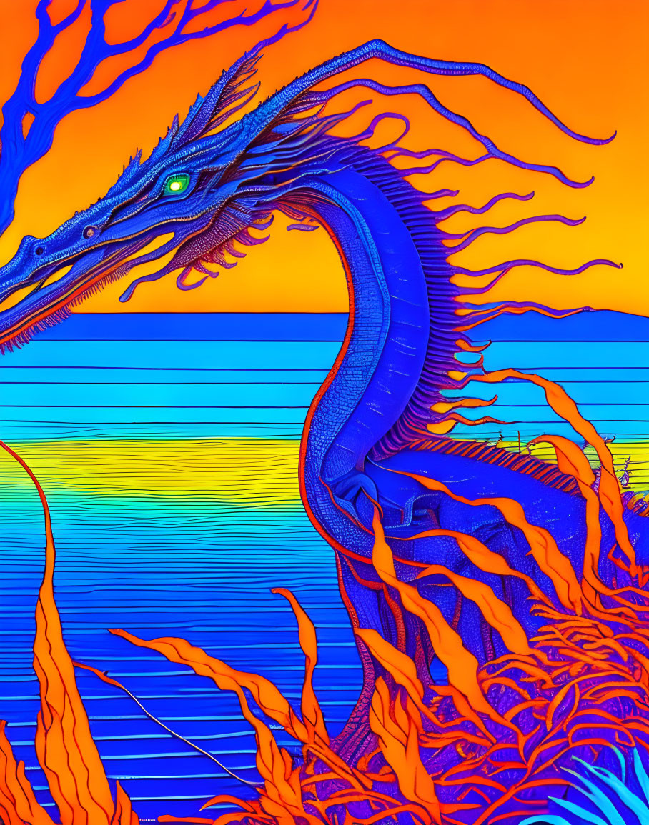 Colorful Psychedelic Blue Dragon Illustration on Orange and Yellow Striped Background